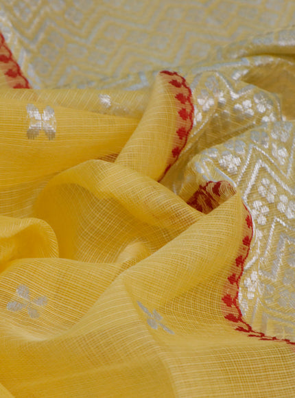 Pure zari kota saree yellow and pastel maroon with thread & silver zari woven buttas and silver zari woven border