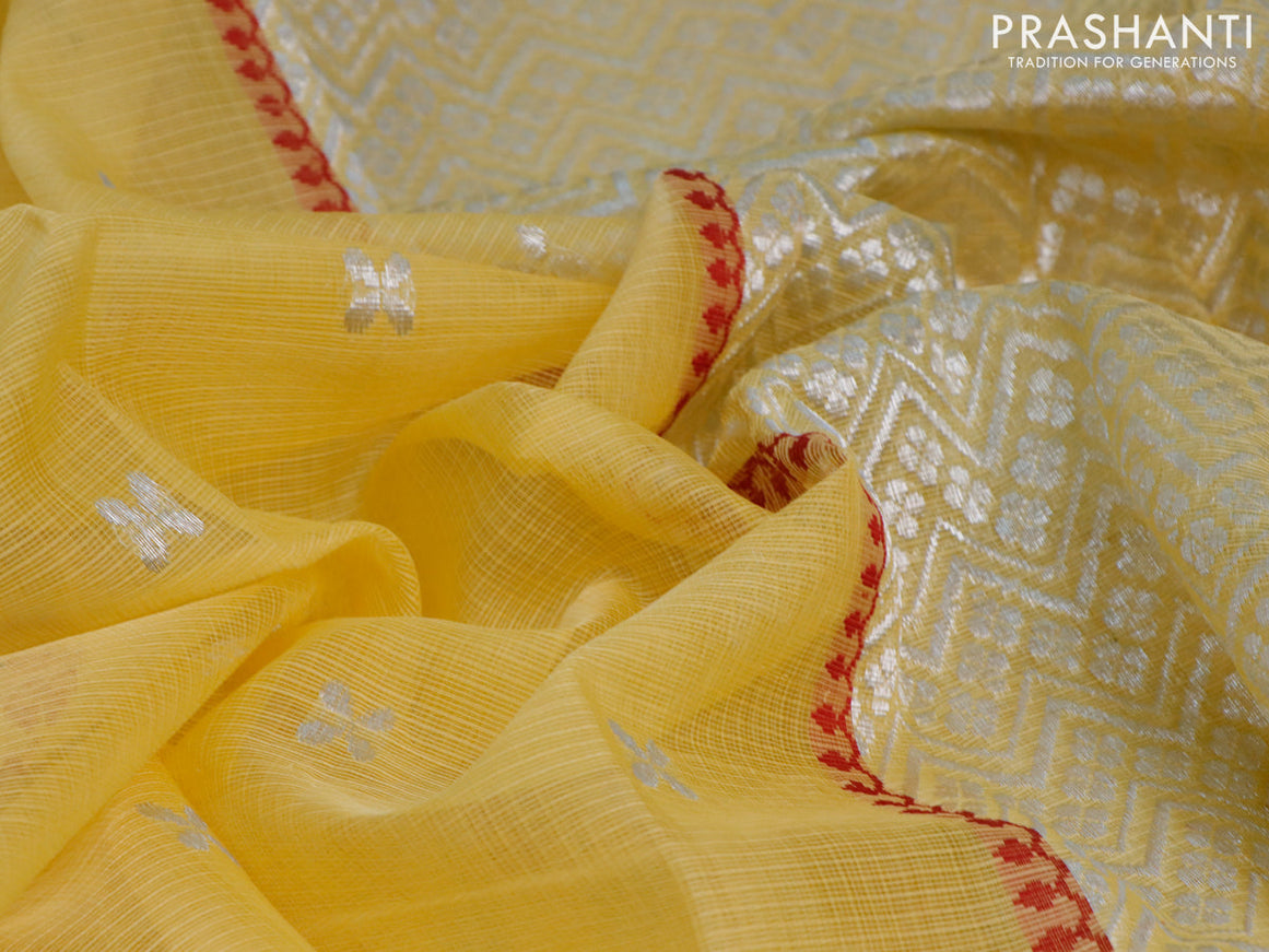 Pure zari kota saree yellow and pastel maroon with thread & silver zari woven buttas and silver zari woven border