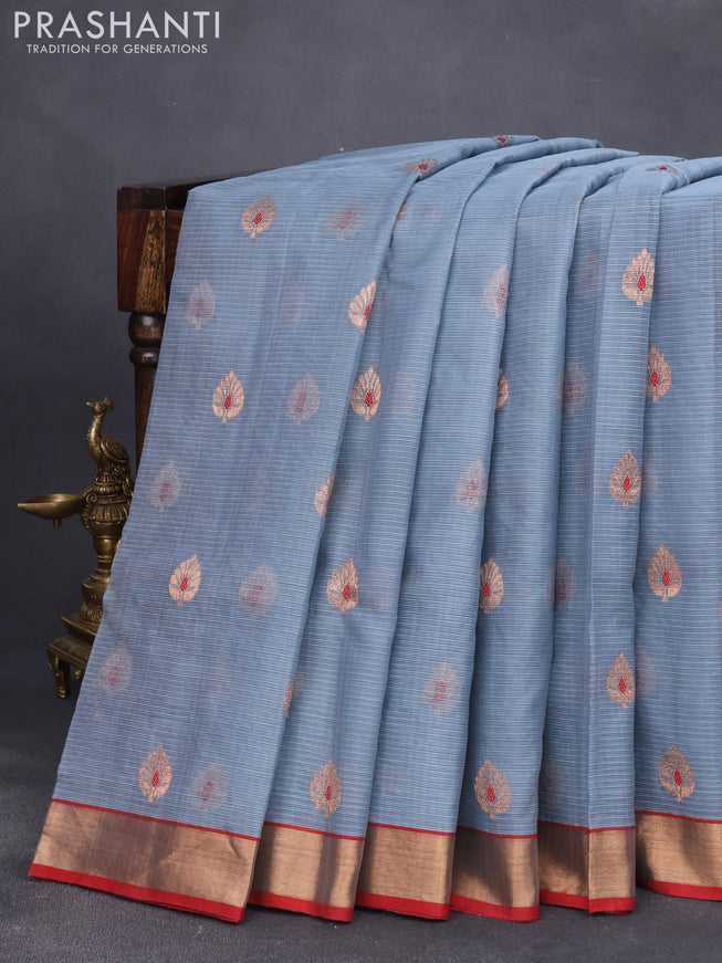 Pure zari kota saree bluish grey and maroon with thread & copper zari woven buttas and copper zari woven border