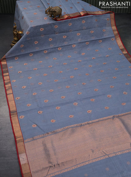 Pure zari kota saree bluish grey and maroon with thread & copper zari woven buttas and copper zari woven border