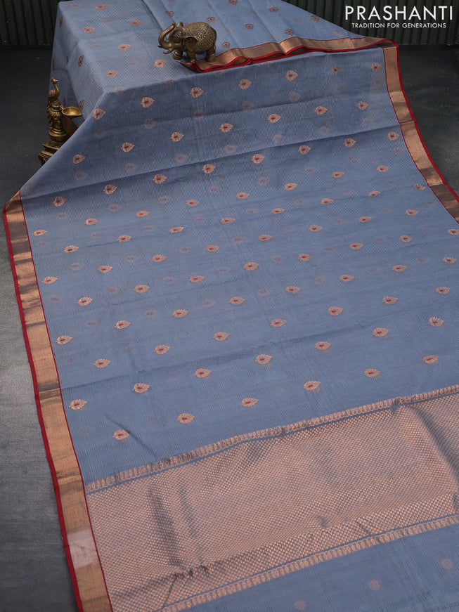 Pure zari kota saree bluish grey and maroon with thread & copper zari woven buttas and copper zari woven border