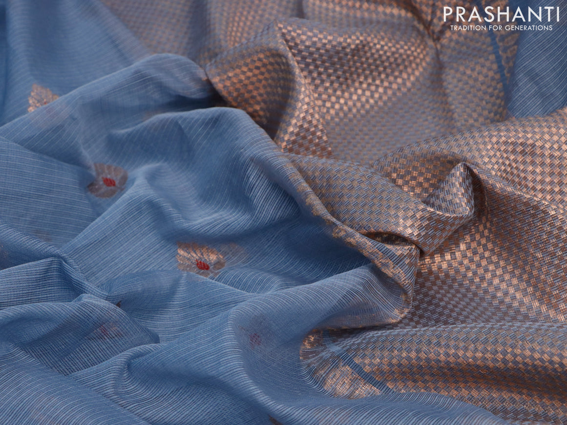 Pure zari kota saree bluish grey and maroon with thread & copper zari woven buttas and copper zari woven border