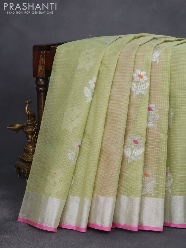 Pure zari kota saree elaichi green and pink with thread & silver zari woven floral buttas and silver zari woven border