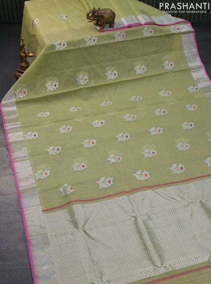 Pure zari kota saree elaichi green and pink with thread & silver zari woven floral buttas and silver zari woven border