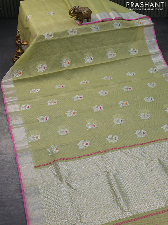 Pure zari kota saree elaichi green and pink with thread & silver zari woven floral buttas and silver zari woven border