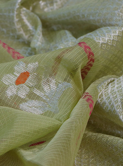 Pure zari kota saree elaichi green and pink with thread & silver zari woven floral buttas and silver zari woven border