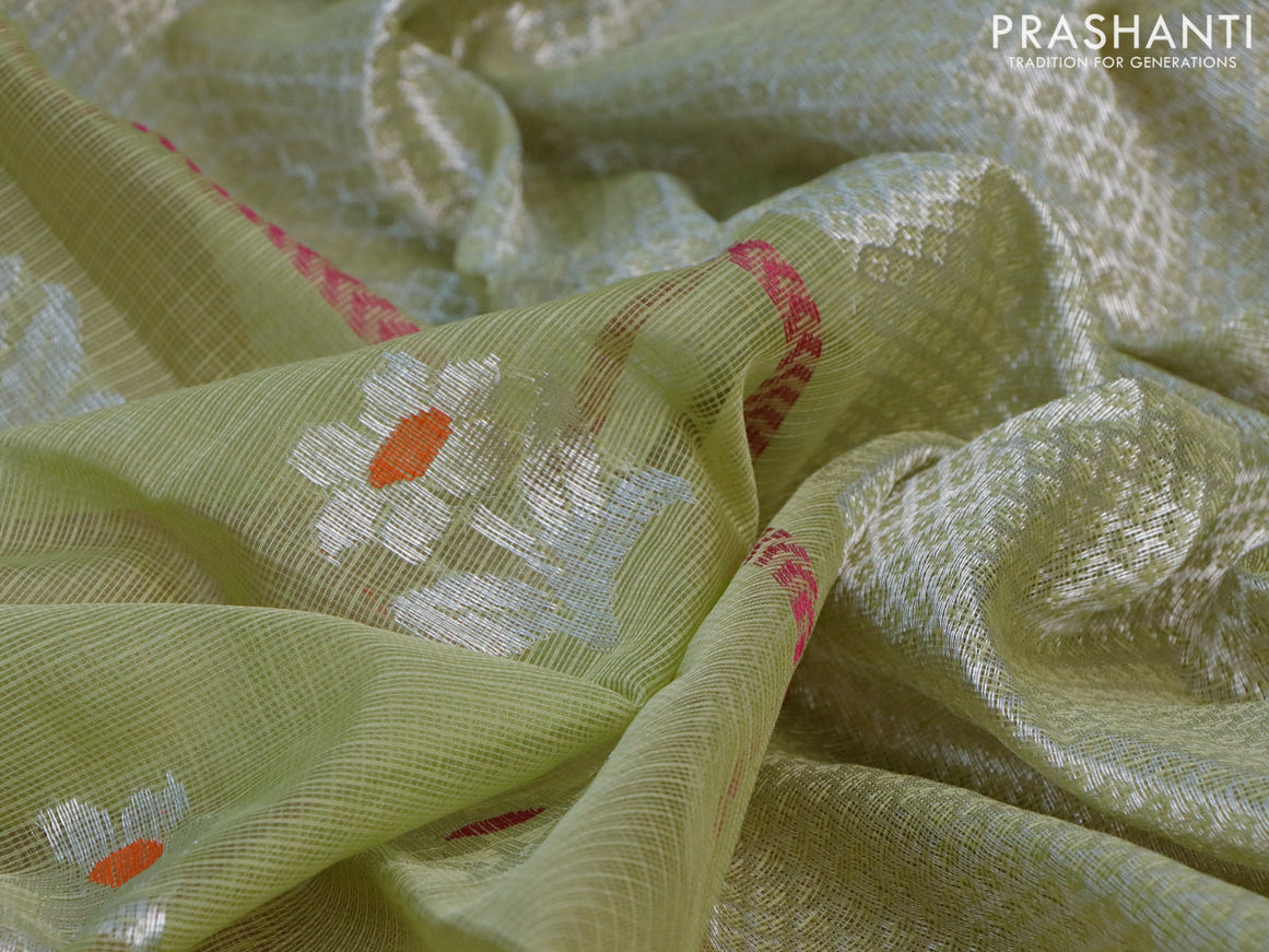 Pure zari kota saree elaichi green and pink with thread & silver zari woven floral buttas and silver zari woven border