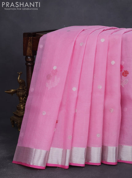 Pure zari kota saree light pink with thread & silver zari woven buttas and silver zari woven border