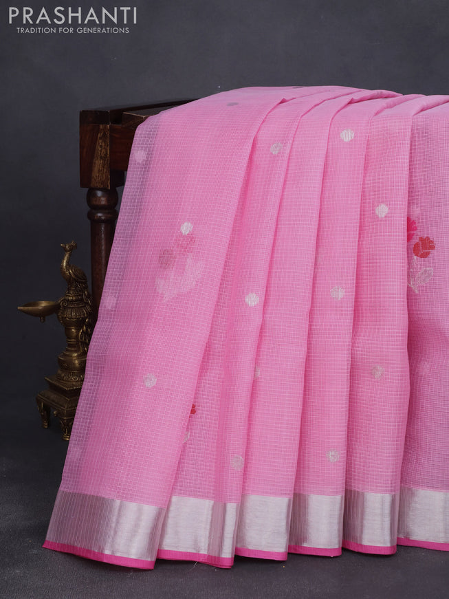 Pure zari kota saree light pink with thread & silver zari woven buttas and silver zari woven border