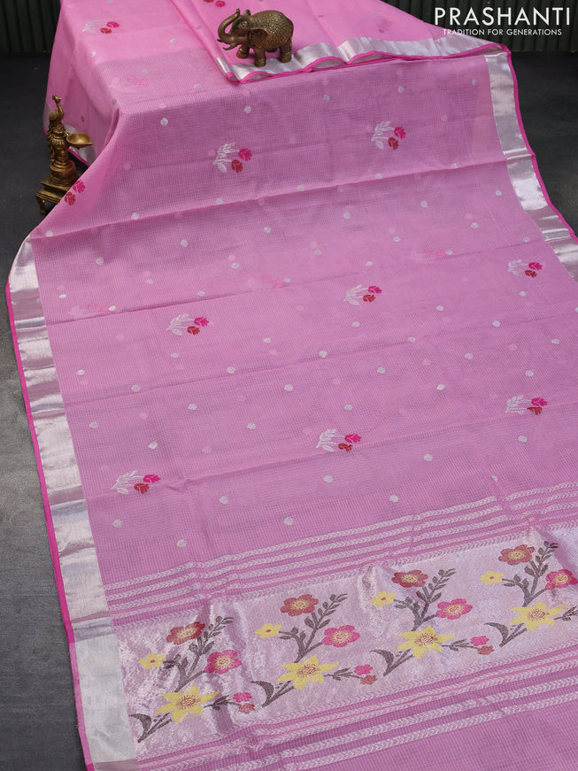 Pure zari kota saree light pink with thread & silver zari woven buttas and silver zari woven border