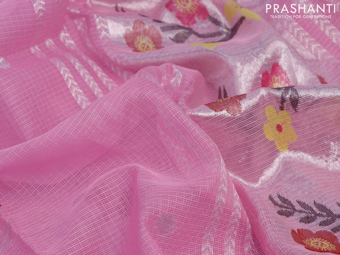 Pure zari kota saree light pink with thread & silver zari woven buttas and silver zari woven border