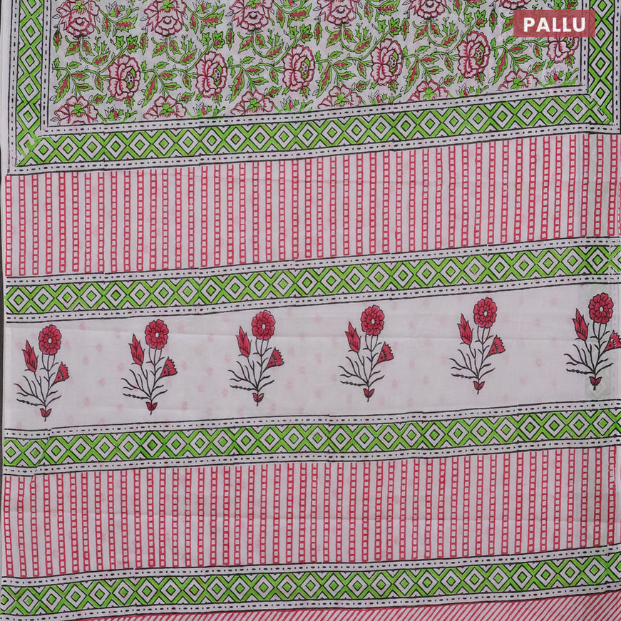 Jaipur cotton saree off white and light green with allover floral prints and printed border