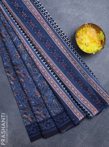 Jaipur cotton saree blue and navy blue with allover floral prints and printed border