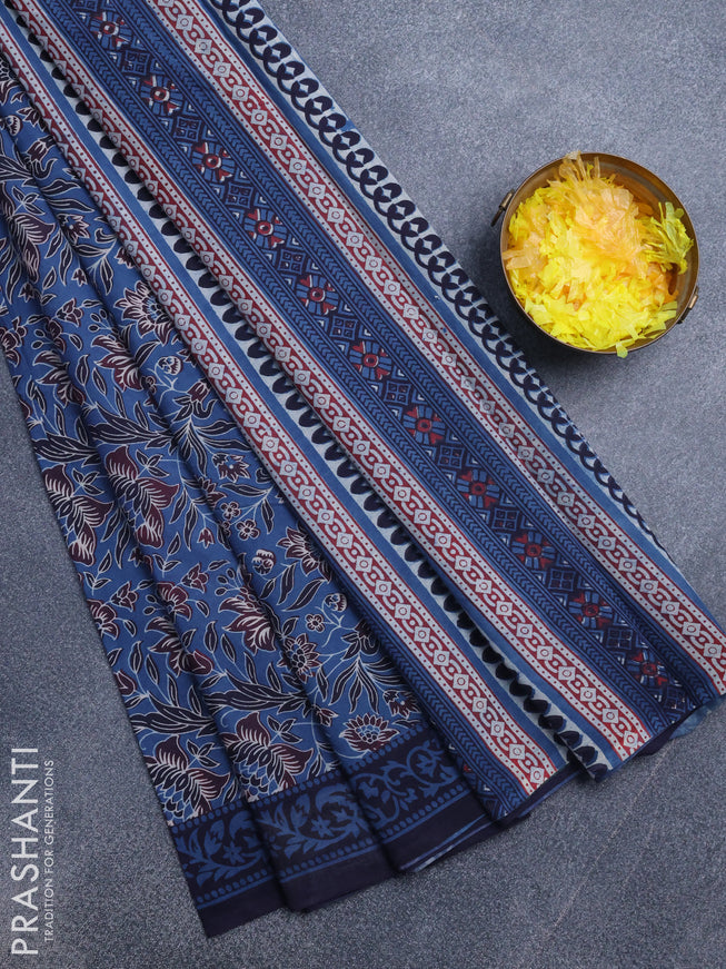 Jaipur cotton saree blue and navy blue with allover floral prints and printed border