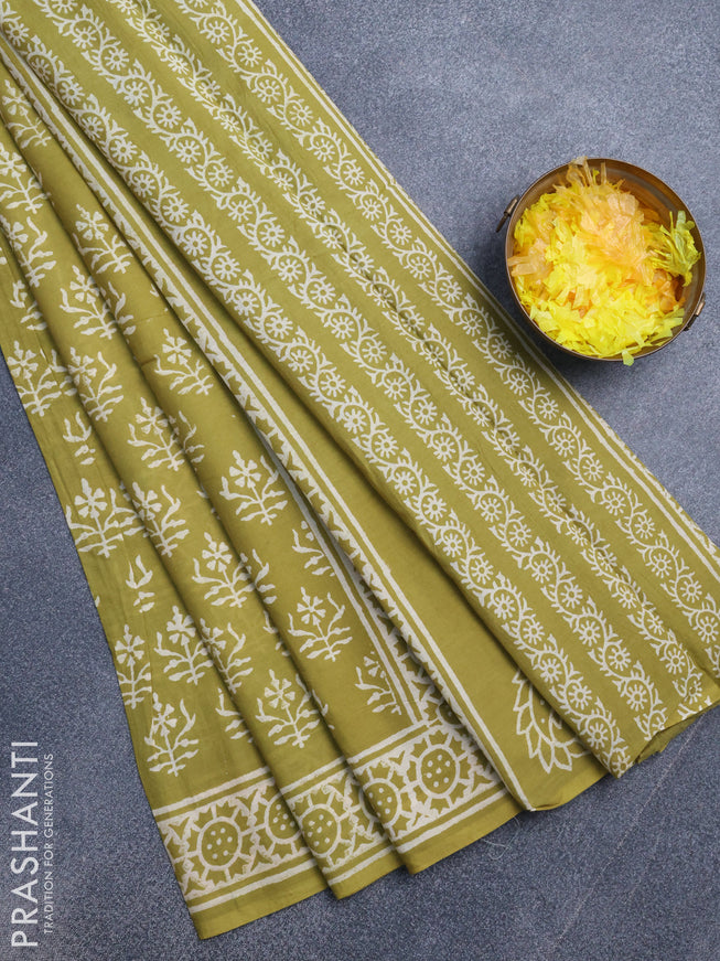 Jaipur cotton saree lime green with allover butta prints and printed border