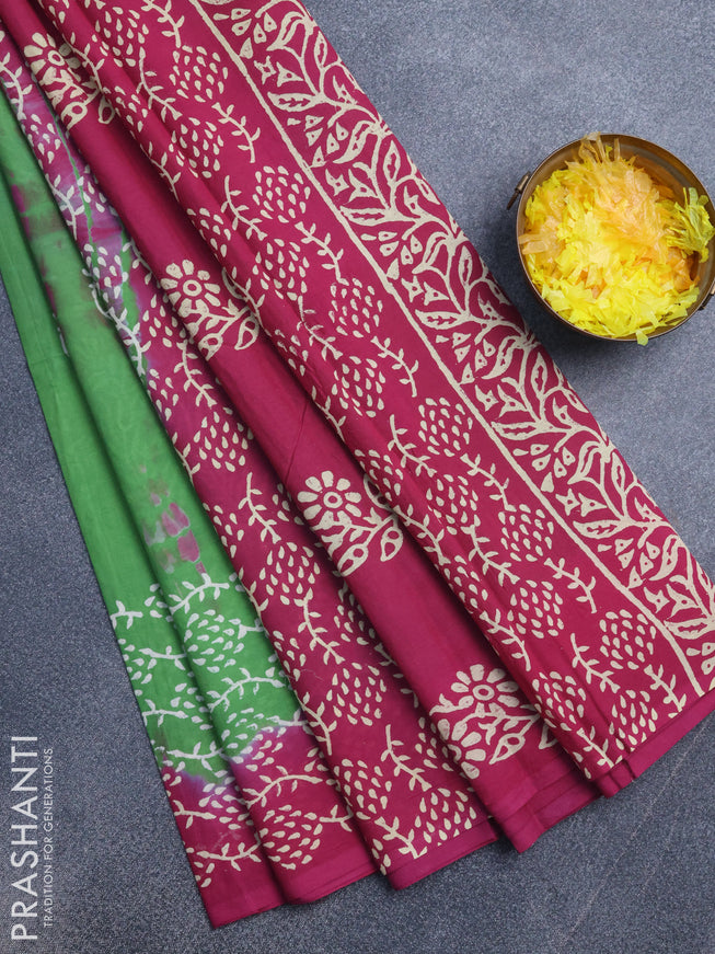 Jaipur cotton saree green and magenta pink with tie & dye butta prints and printed border