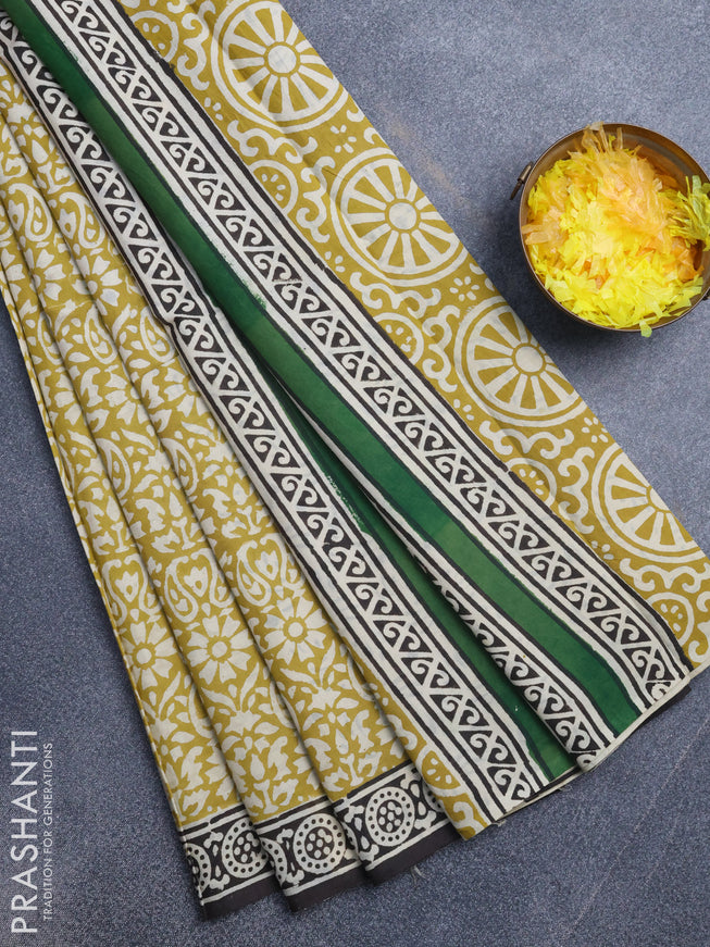 Jaipur cotton saree mustard yellow and black with allover prints and printed border