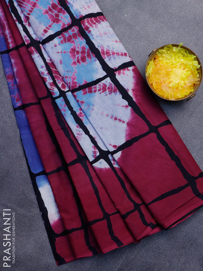 Jaipur cotton saree dark magenta and black with allover checkes & batik butta prints in borderless style