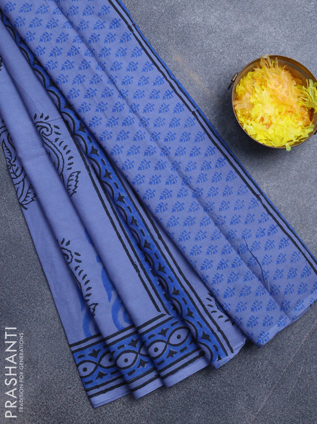 Jaipur cotton saree bluish grey and blue with paisley butta prints and printed border