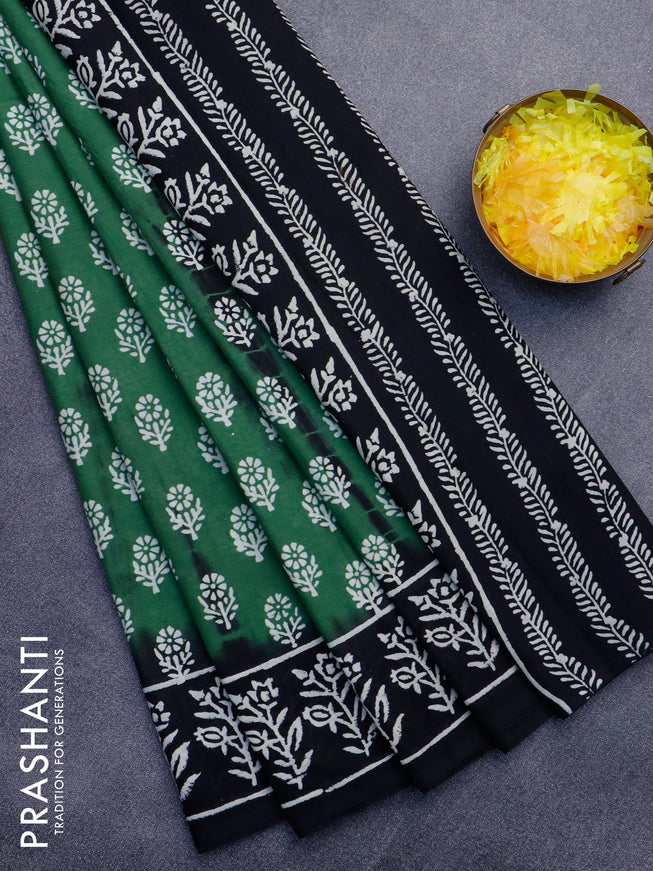 Jaipur cotton saree green and black with allover butta prints and printed border