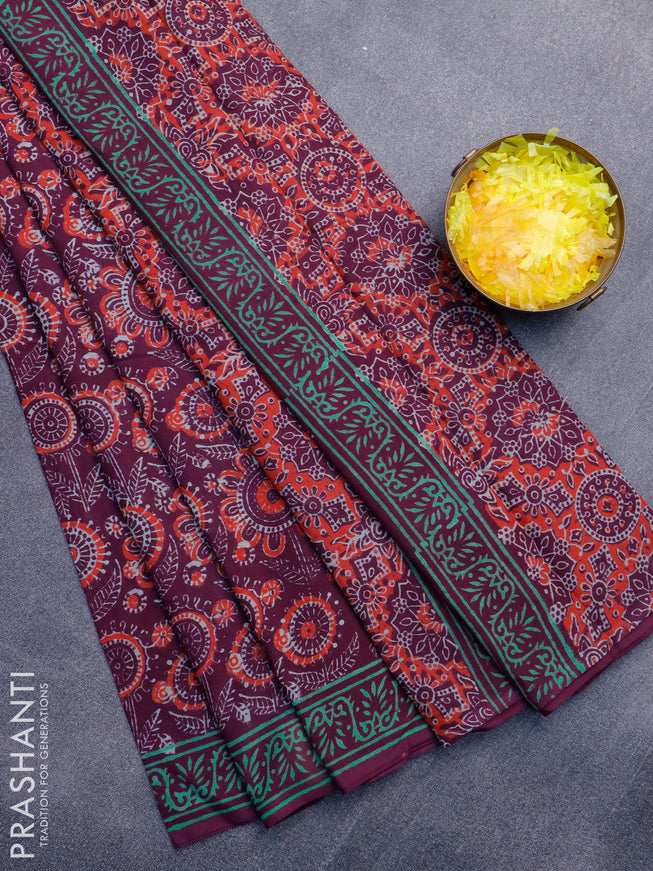 Jaipur cotton saree deep purple with allover ajrakh prints and printed border