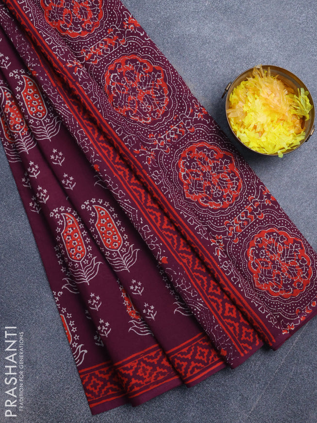 Jaipur cotton saree wine shade with butta prints and printed border