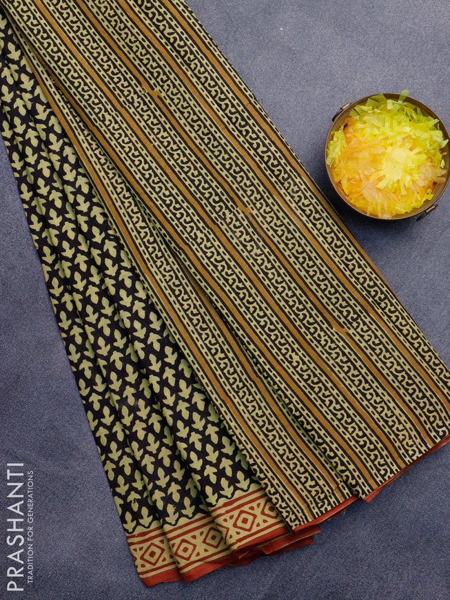 Jaipur cotton saree black yellow and rust shade with allover prints and printed border