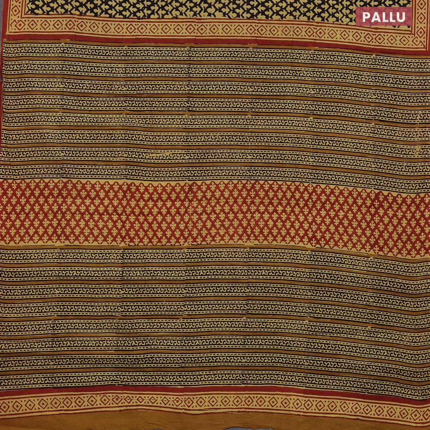 Jaipur cotton saree black yellow and rust shade with allover prints and printed border