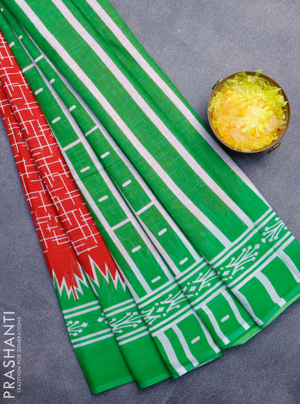 Jaipur cotton saree red and green with allover geometric prints and printed border