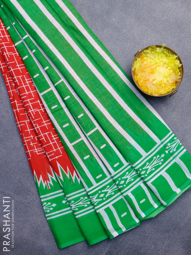 Jaipur cotton saree red and green with allover geometric prints and printed border