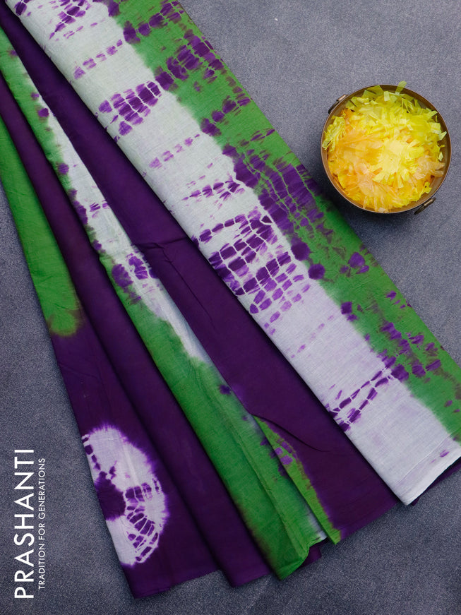 Jaipur cotton saree green and purple with tie & dye batik prints in borderless style