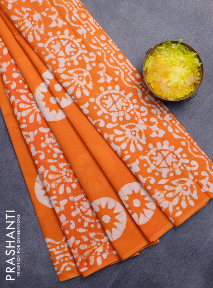 Jaipur cotton saree orange with allover batik prints in borderless style