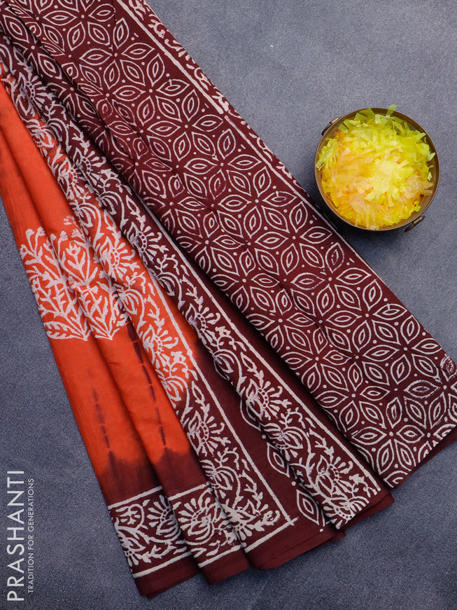 Jaipur cotton saree orange and maroon with tie & dye butta prints and printed border