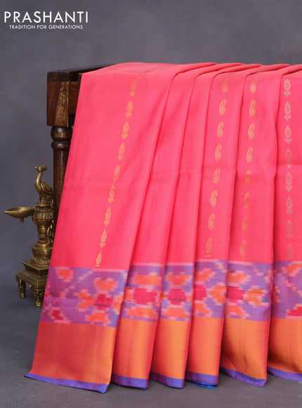 Pure uppada silk saree peach pink and cs blue with zari woven paisley buttas and zari woven ikat style border