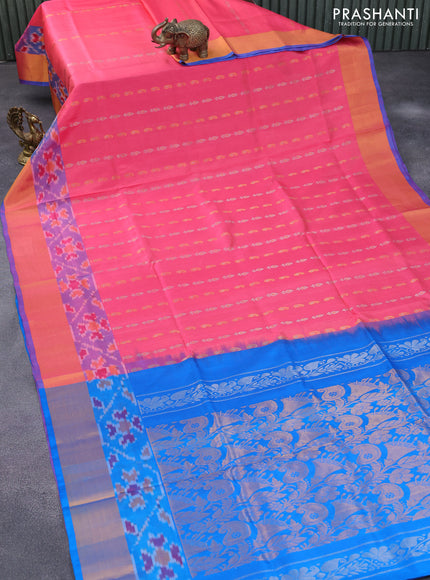 Pure uppada silk saree peach pink and cs blue with zari woven paisley buttas and zari woven ikat style border