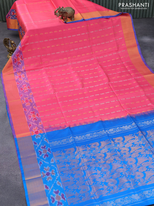 Pure uppada silk saree peach pink and cs blue with zari woven paisley buttas and zari woven ikat style border