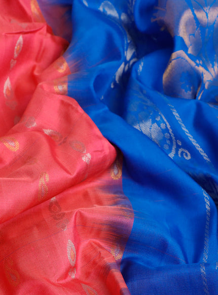 Pure uppada silk saree peach pink and cs blue with zari woven paisley buttas and zari woven ikat style border