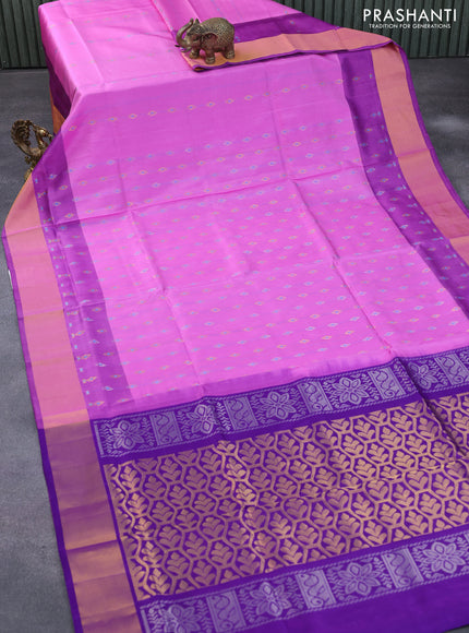 Pure uppada silk saree light pink and violet with allover zari woven floral buttas and zari woven border