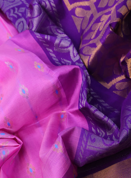 Pure uppada silk saree light pink and violet with allover zari woven floral buttas and zari woven border