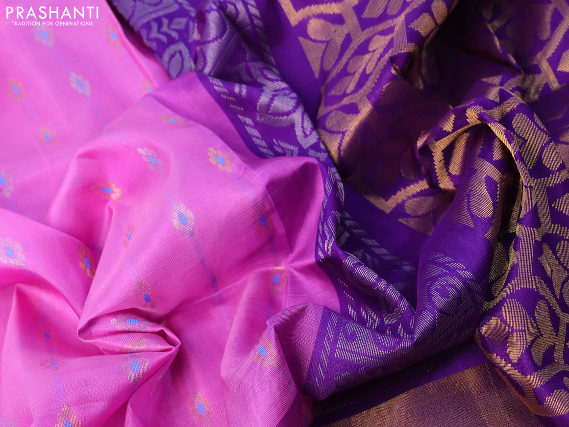 Pure uppada silk saree light pink and violet with allover zari woven floral buttas and zari woven border