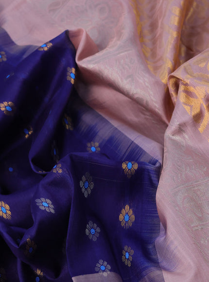 Pure uppada silk saree dark blue and peach pink with allover zari woven floral buttas and zari woven border