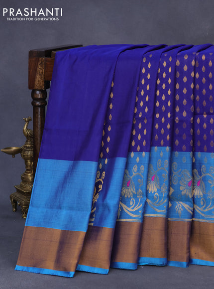 Pure uppada silk saree dark blue and light blue with allover zari woven butta weaves and long rich zari woven border