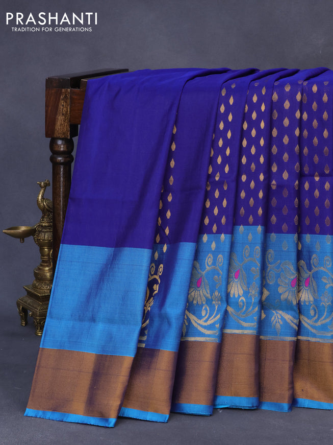 Pure uppada silk saree dark blue and light blue with allover zari woven butta weaves and long rich zari woven border