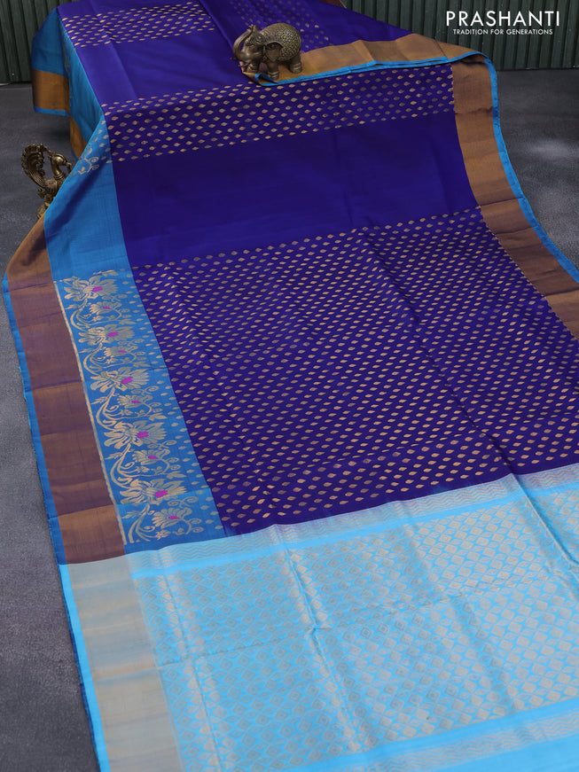 Pure uppada silk saree dark blue and light blue with allover zari woven butta weaves and long rich zari woven border