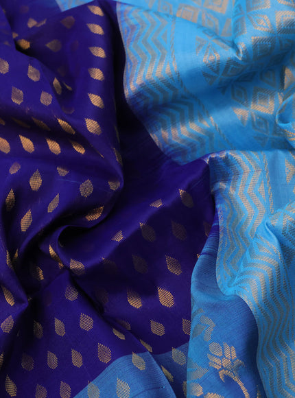 Pure uppada silk saree dark blue and light blue with allover zari woven butta weaves and long rich zari woven border