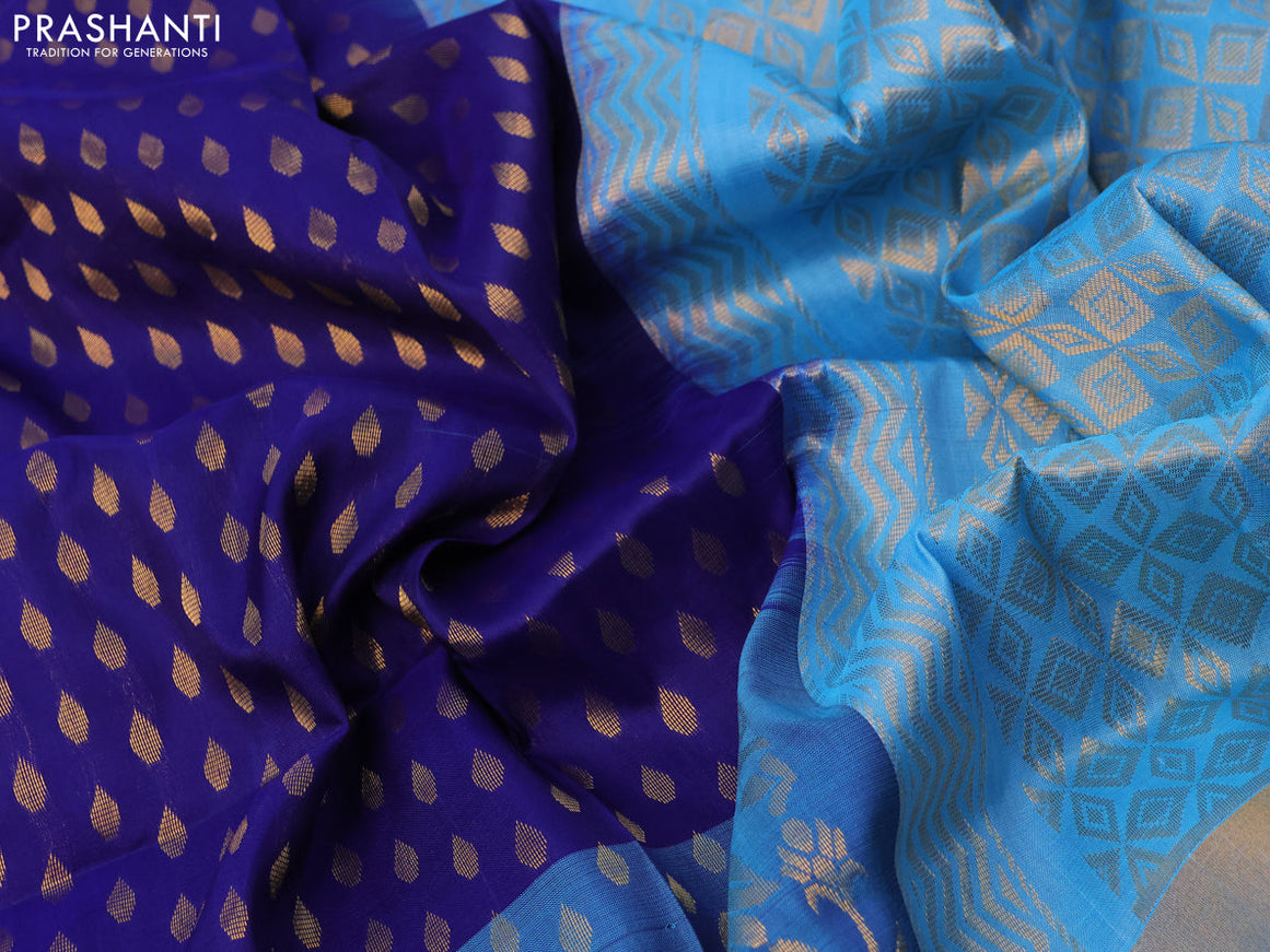 Pure uppada silk saree dark blue and light blue with allover zari woven butta weaves and long rich zari woven border