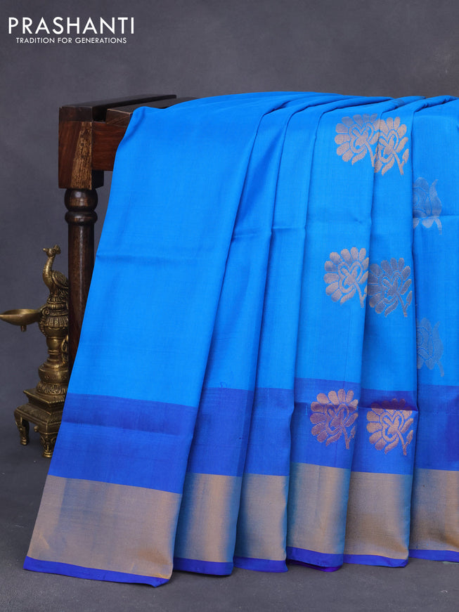 Pure uppada silk saree cs blue and blue with silver & gold zari woven buttas and zari woven border