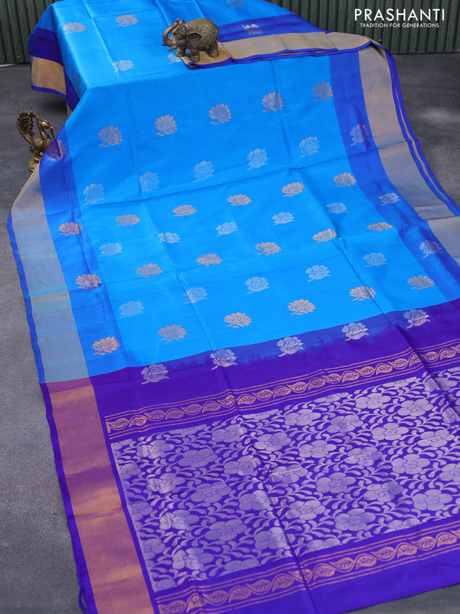 Pure uppada silk saree cs blue and blue with silver & gold zari woven buttas and zari woven border