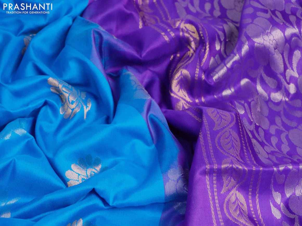 Pure uppada silk saree cs blue and blue with silver & gold zari woven buttas and zari woven border