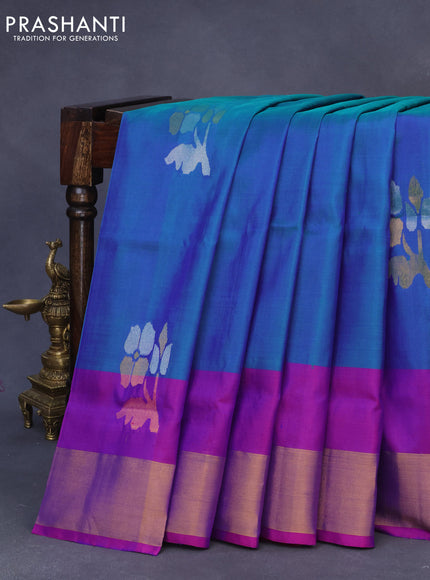 Pure uppada silk saree dual shade of bluish green and purple with allover jamdhani buttas and zari woven border